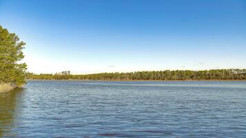 A calm lake with a forested shoreline.