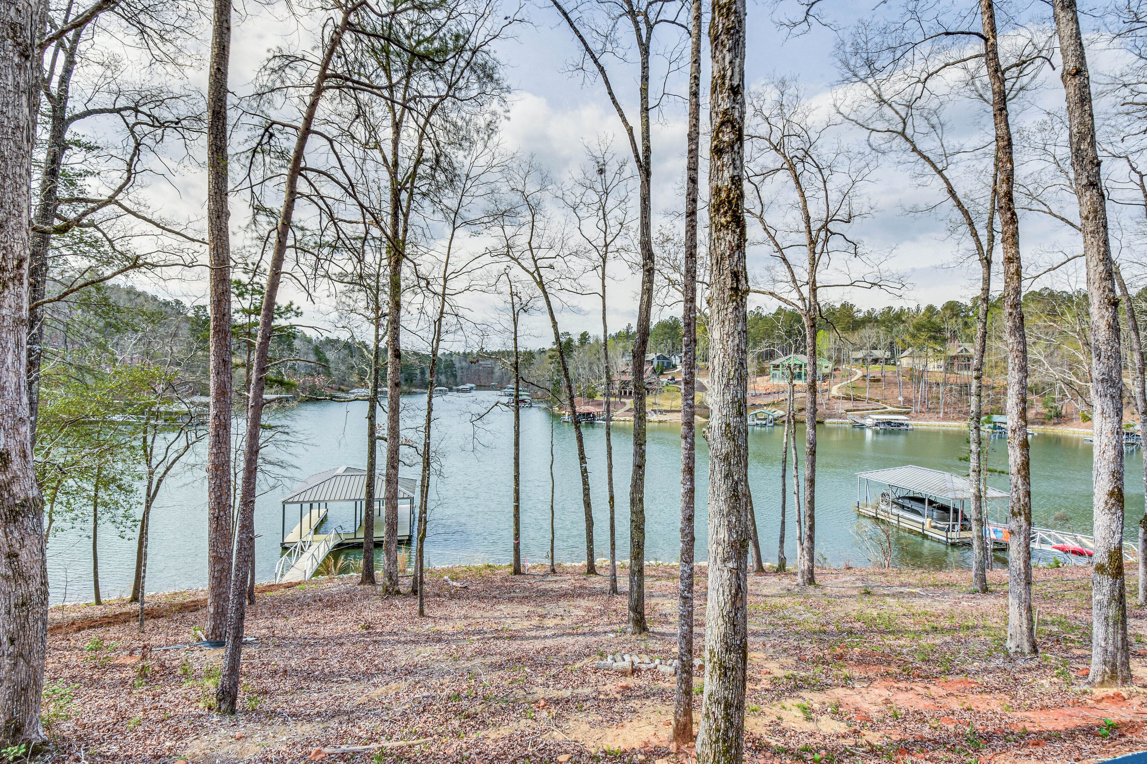 A lakeside view with trees, a dock, and a small building.