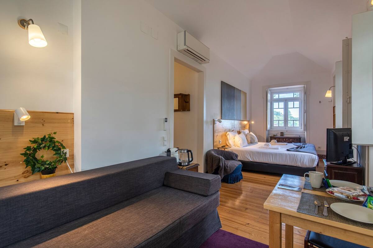 Une chambre d’hôtel moderne équipée d’un canapé, d’un lit, d’une table à manger et d’un téléviseur.