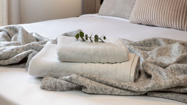 A neatly made bed with a grey blanket, a white towel, and a small plant on top.
