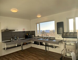 Full-size fridge, microwave, stovetop, toaster