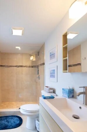 Shower, hair dryer, towels, soap