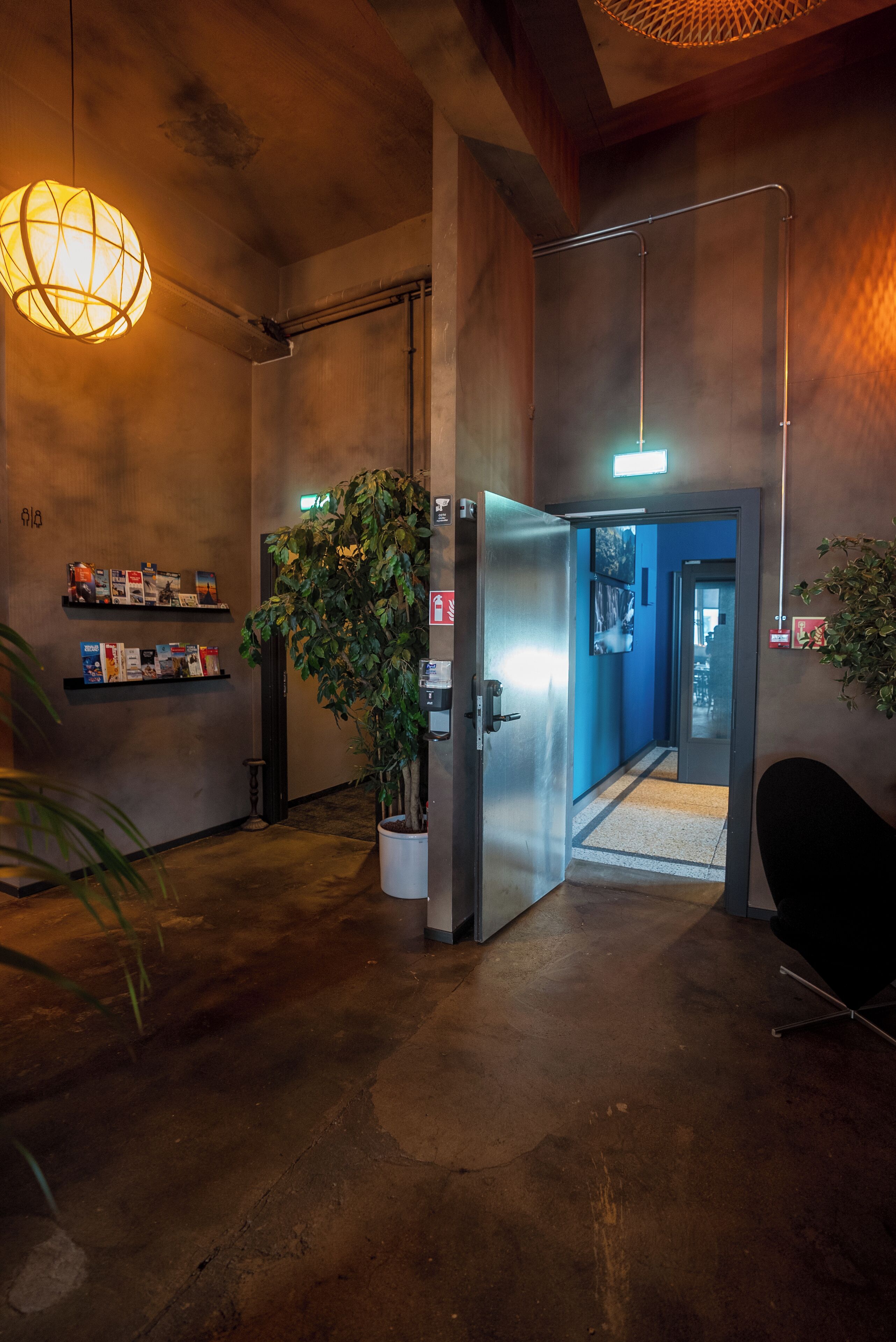 A hallway with a potted plant, a metal elevator, and a wall-mounted shelf with books.
