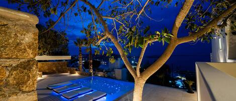 A rooftop infinity pool with a tree and stone walls.