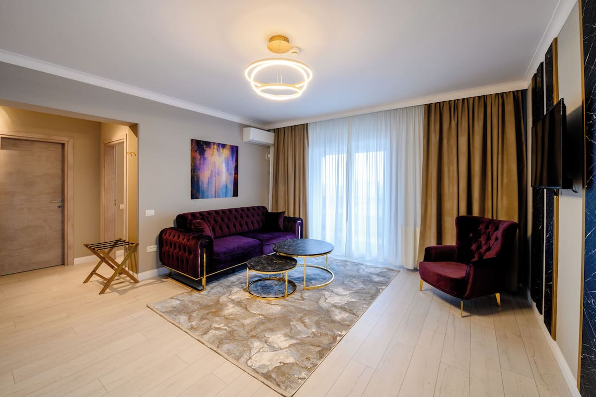 A modern living room with a sofa, armchair, and coffee table, a flat-screen TV mounted on the wall, and a large window with curtains.