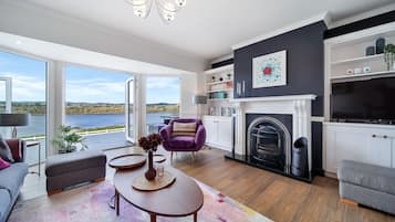 Smart TV, fireplace, books