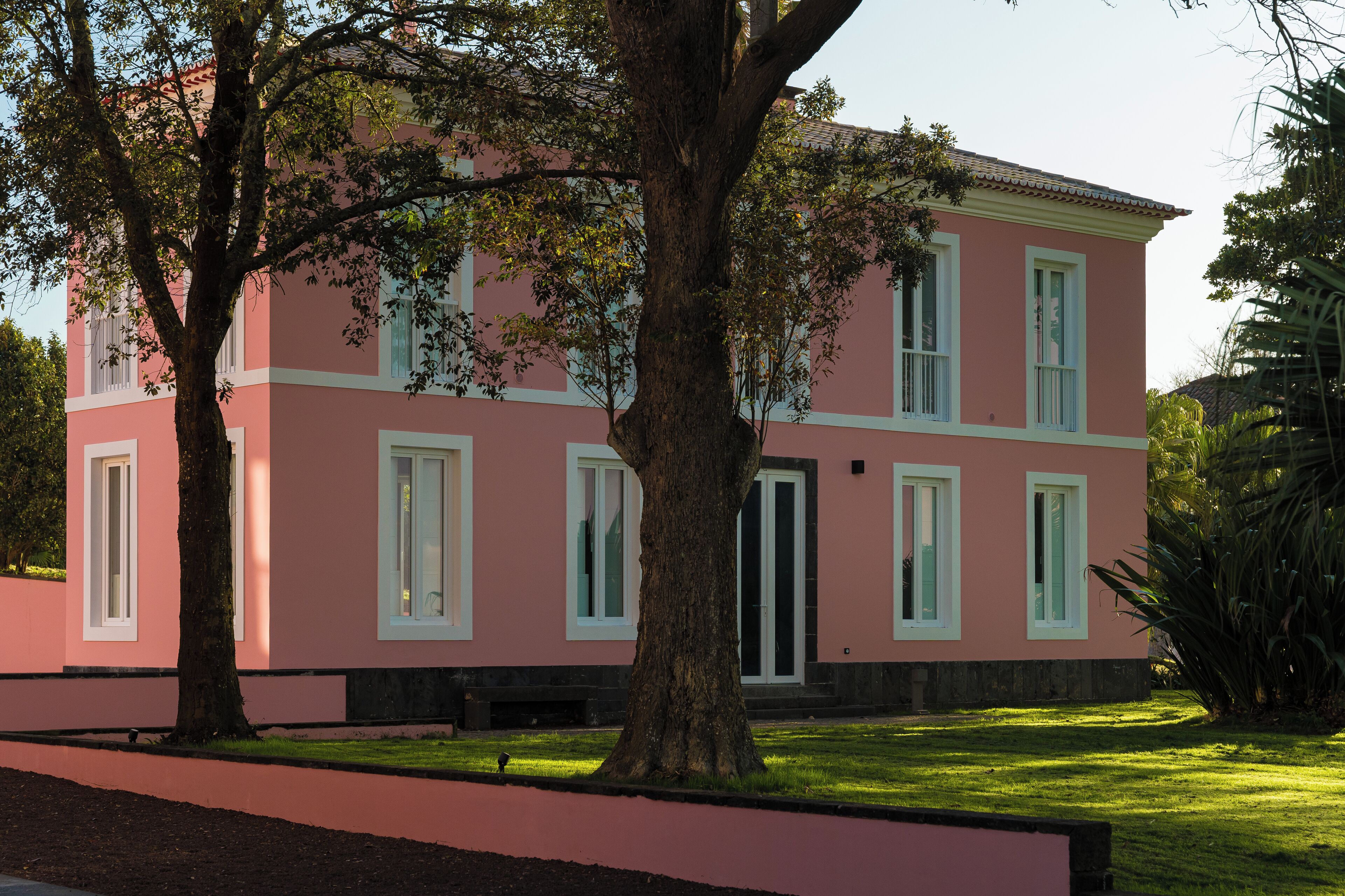 A pink building with white trim, large windows, and a tree in front.