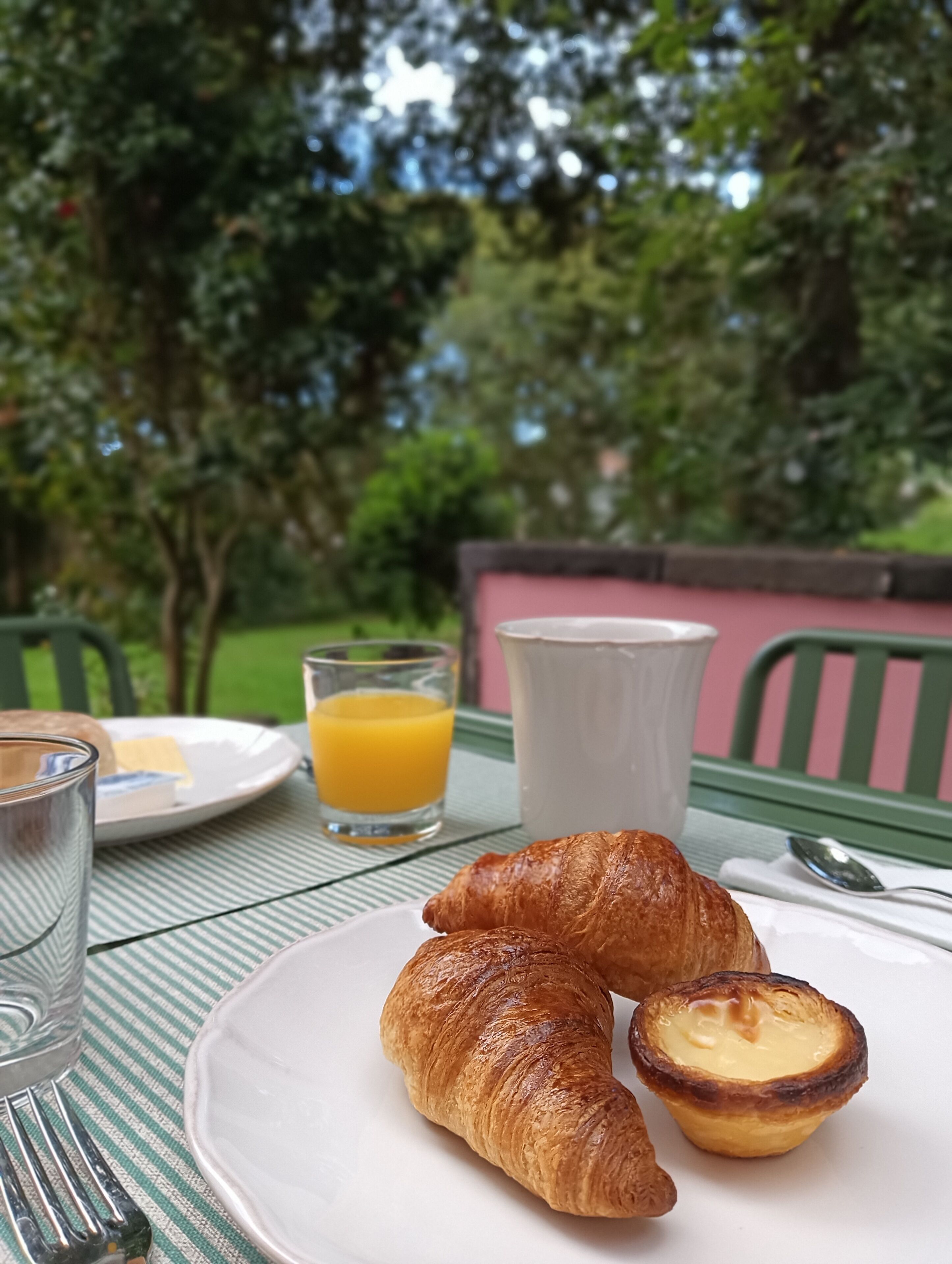 A breakfast setting with croissants and orange juice on a table, surrounded by greenery.