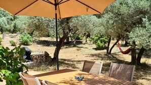 A patio with a wooden table and chairs, an umbrella, and a hammock in a garden with olive trees. - Casa Emilia (Cómpeta)