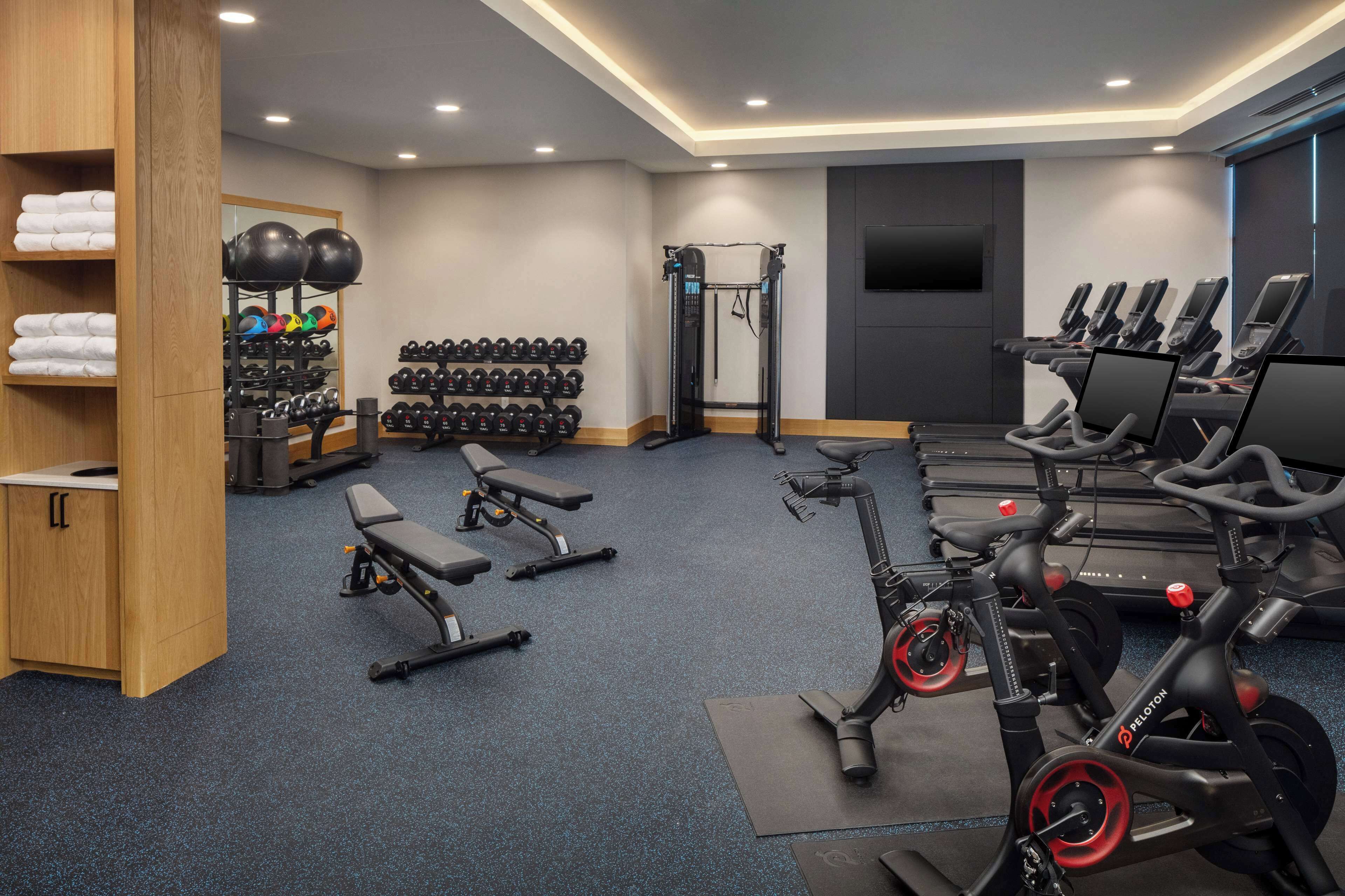 A gym with exercise equipment, a weight rack, and a bench.
