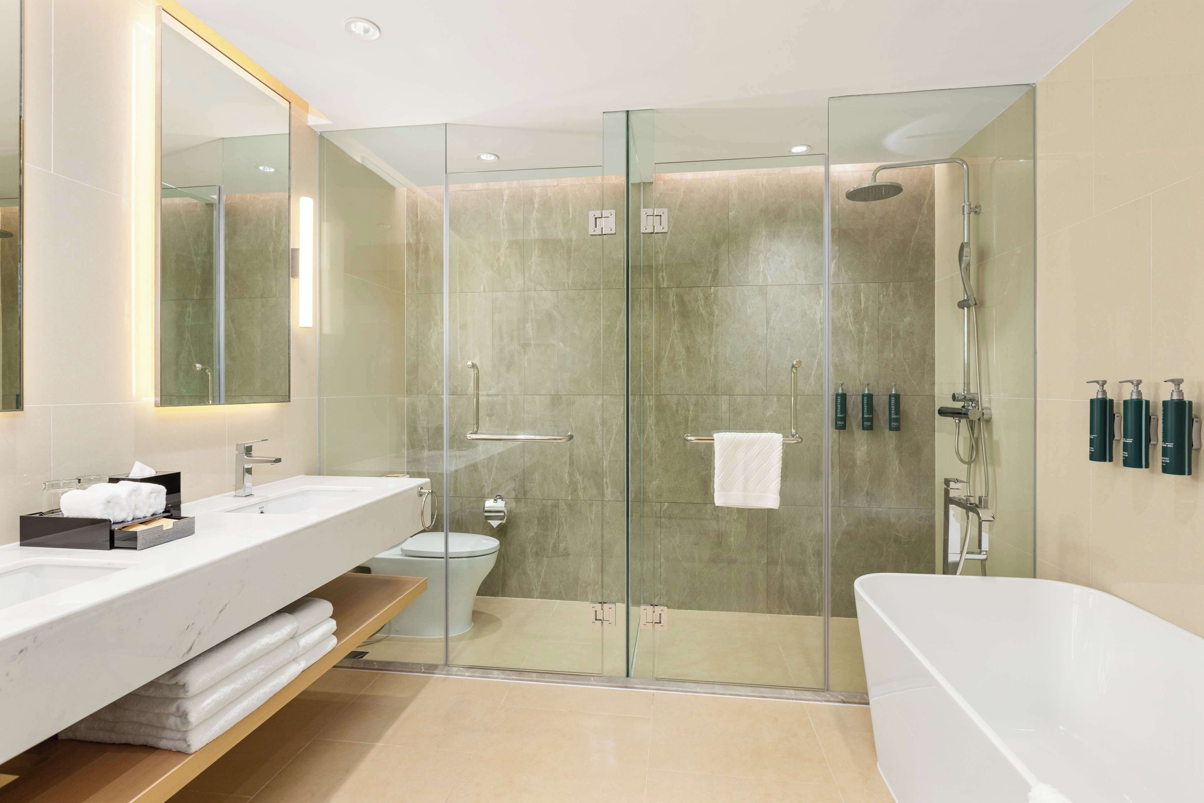 A modern bathroom with a glass-enclosed shower, a large bathtub, and a vanity with a mirror.