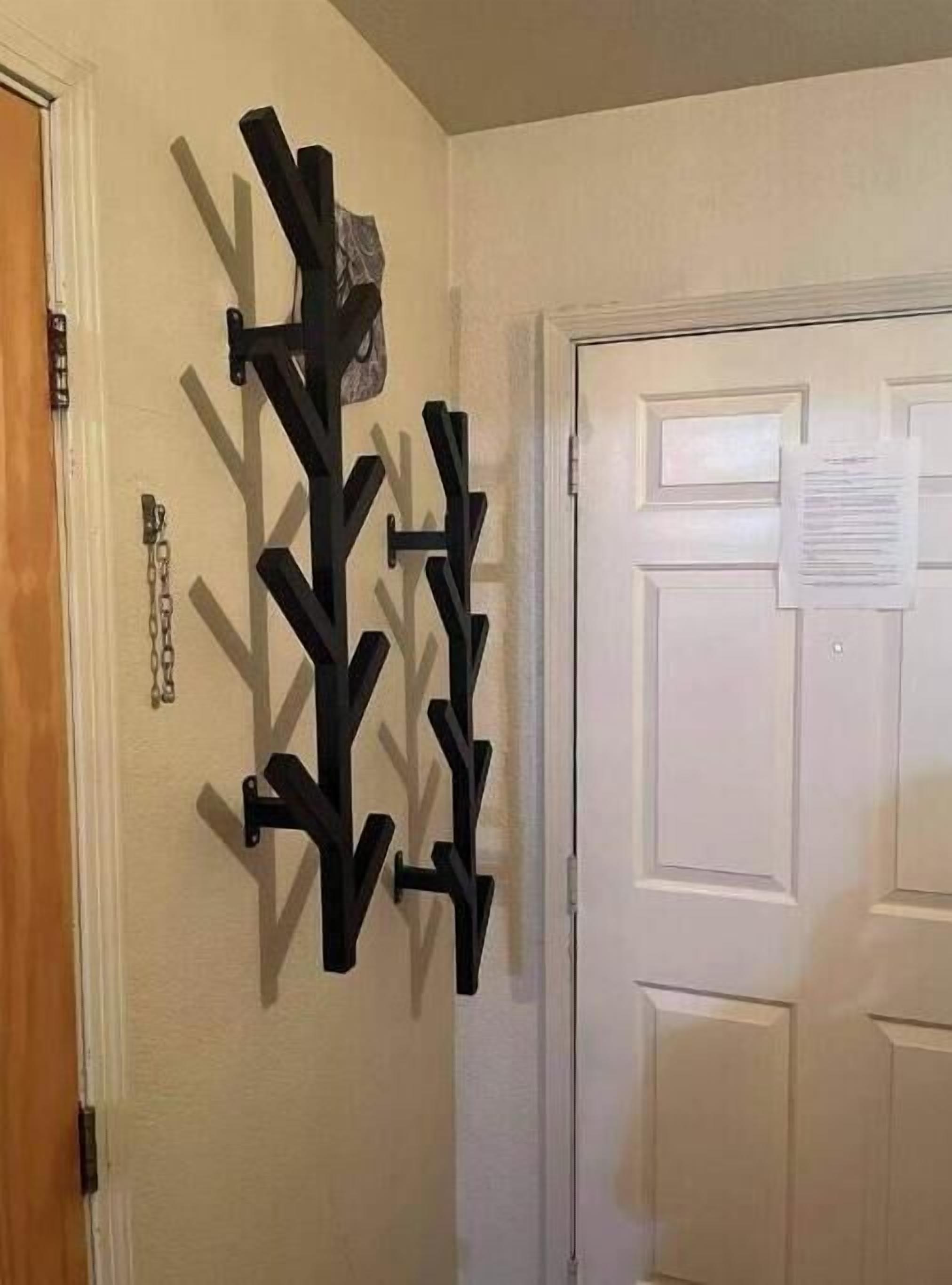 A room with a white door, a coat rack with multiple hooks, and a small piece of paper on the door.
