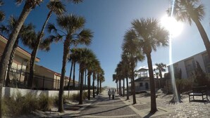 A pathway lined with palm trees, leading to a building with a red roof.