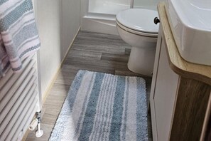 A bathroom with a striped rug, a toilet, and a radiator.