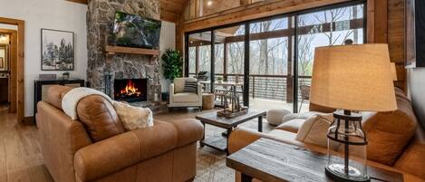 Smart TV, chimenea y estéreo