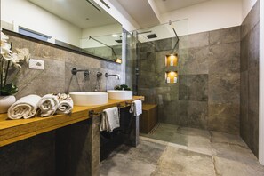 Shower, hair dryer, bidet, towels