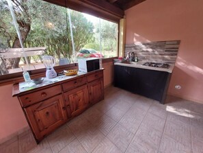 Kühlschrank, Mikrowelle, Herdplatte, Wasserkocher mit Kaffee-/Teezubehör