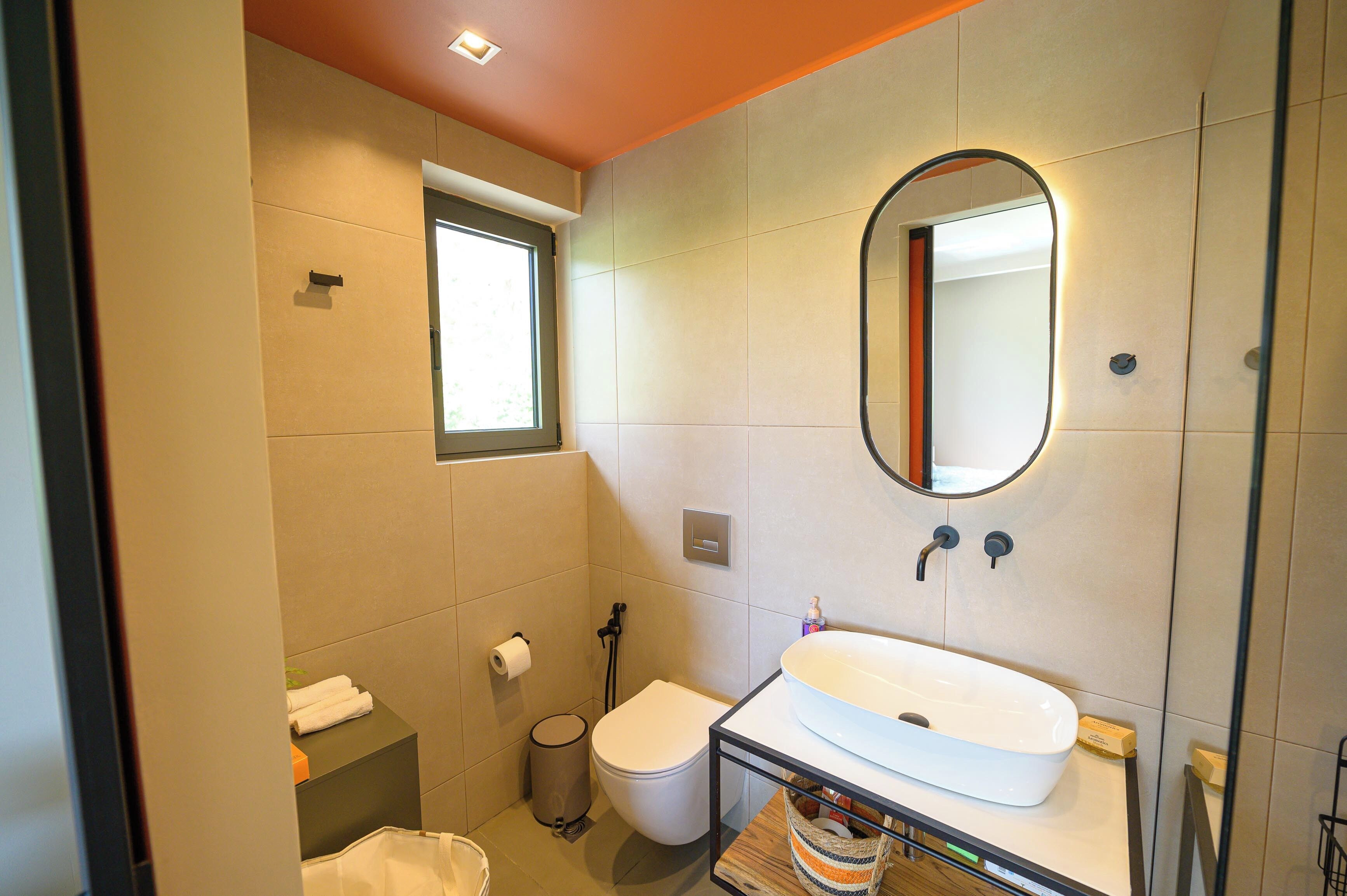 A bathroom with a toilet, sink, and mirror.