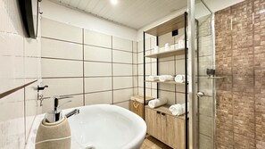 Shower, hair dryer, towels, shampoo