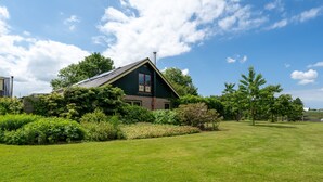 A house with a sloped roof, surrounded by a well-maintained lawn and various shrubs.