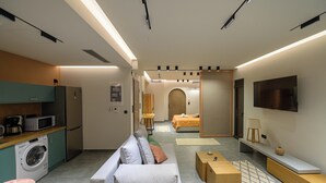 A modern hotel room with a kitchenette, a sofa, a TV, and a bed. - Antinea Olympian Villa East studio (Archea Pissa)