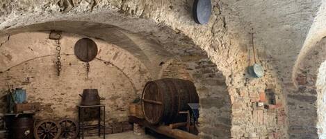A rustic cellar with stone walls, wooden barrels, and a stone floor.