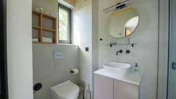 Hair dryer, towels, soap, toilet paper