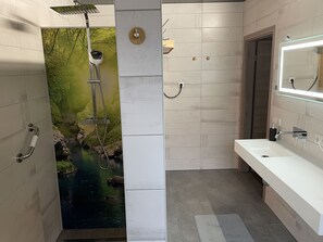 Shower, hair dryer, towels, soap