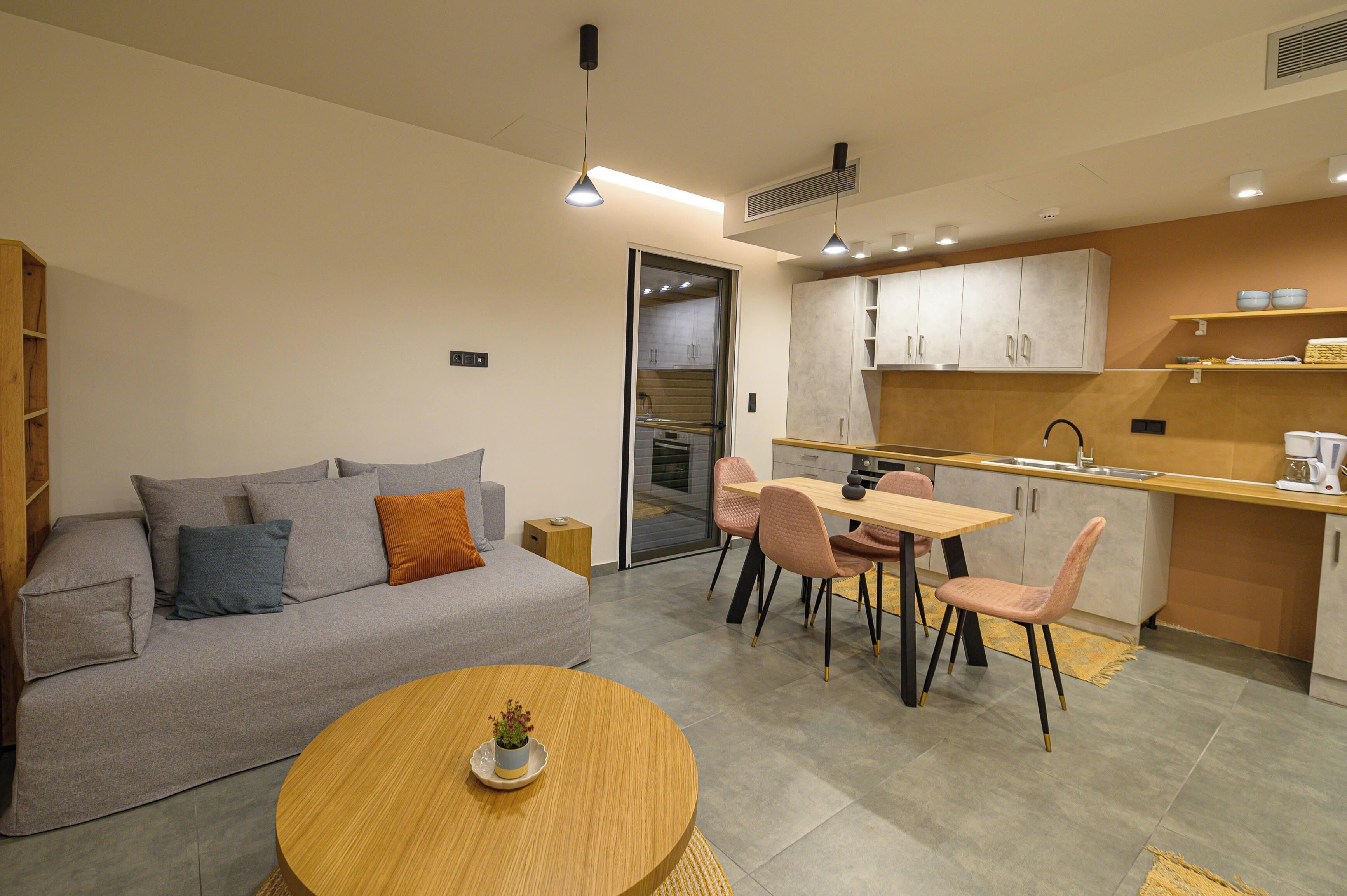 A modern apartment with a living area, dining space, kitchenette, and a small bathroom.
