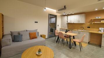 A modern apartment with a living area, dining space, kitchenette, and a small bathroom.