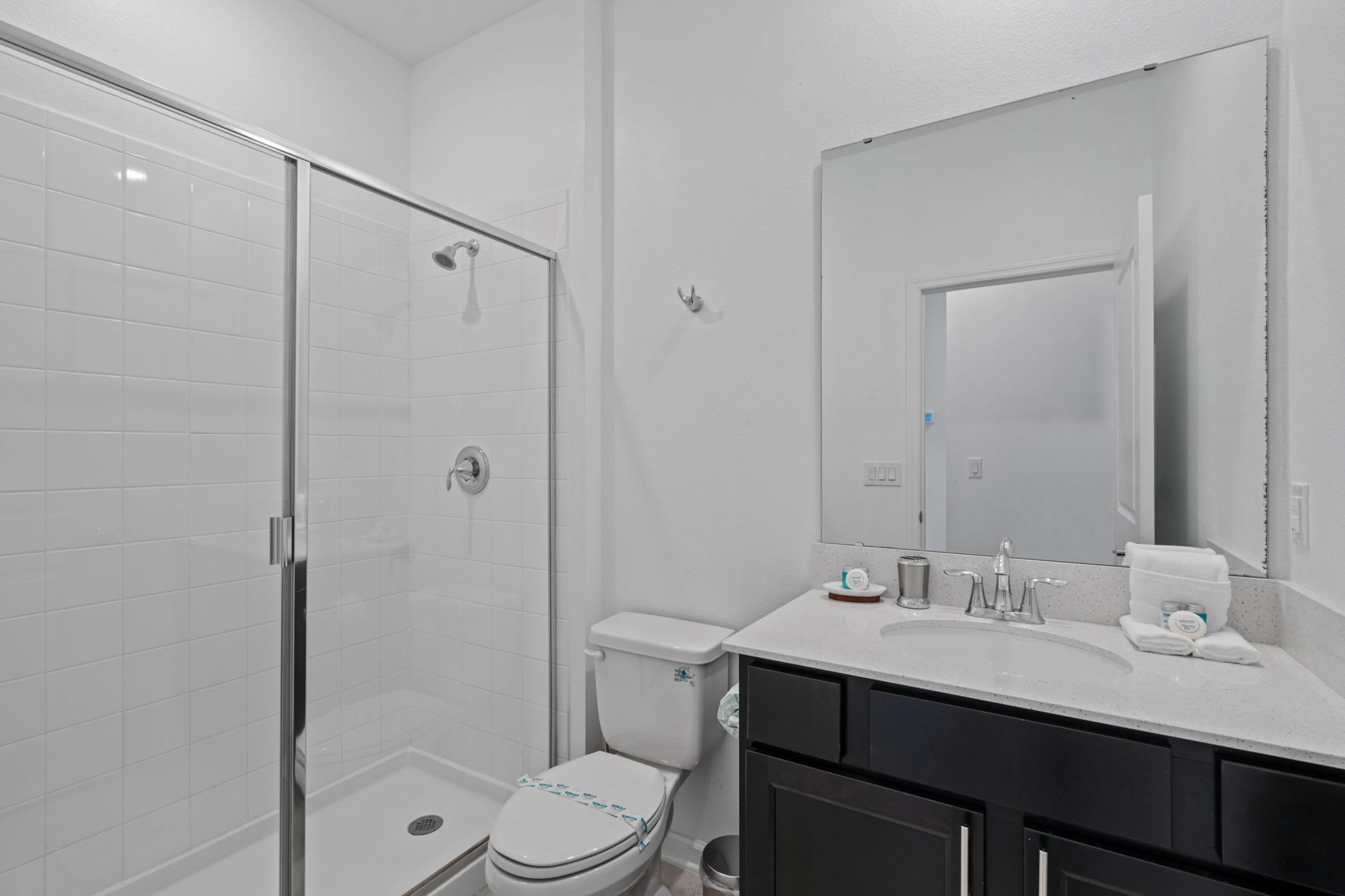A modern bathroom with a glass shower enclosure, a white toilet, a sink with a mirror, and dark cabinets.