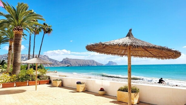 Een terras aan het strand met een rieten parasol, palmbomen en uitzicht op zee en bergen.
