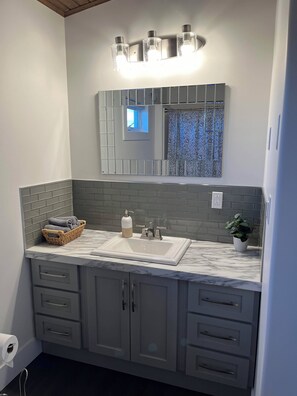 A bathroom with a double sink, a mirror, a towel rack, a soap dispenser, and a potted plant. - Stunning Ocean View Home (Summerford)