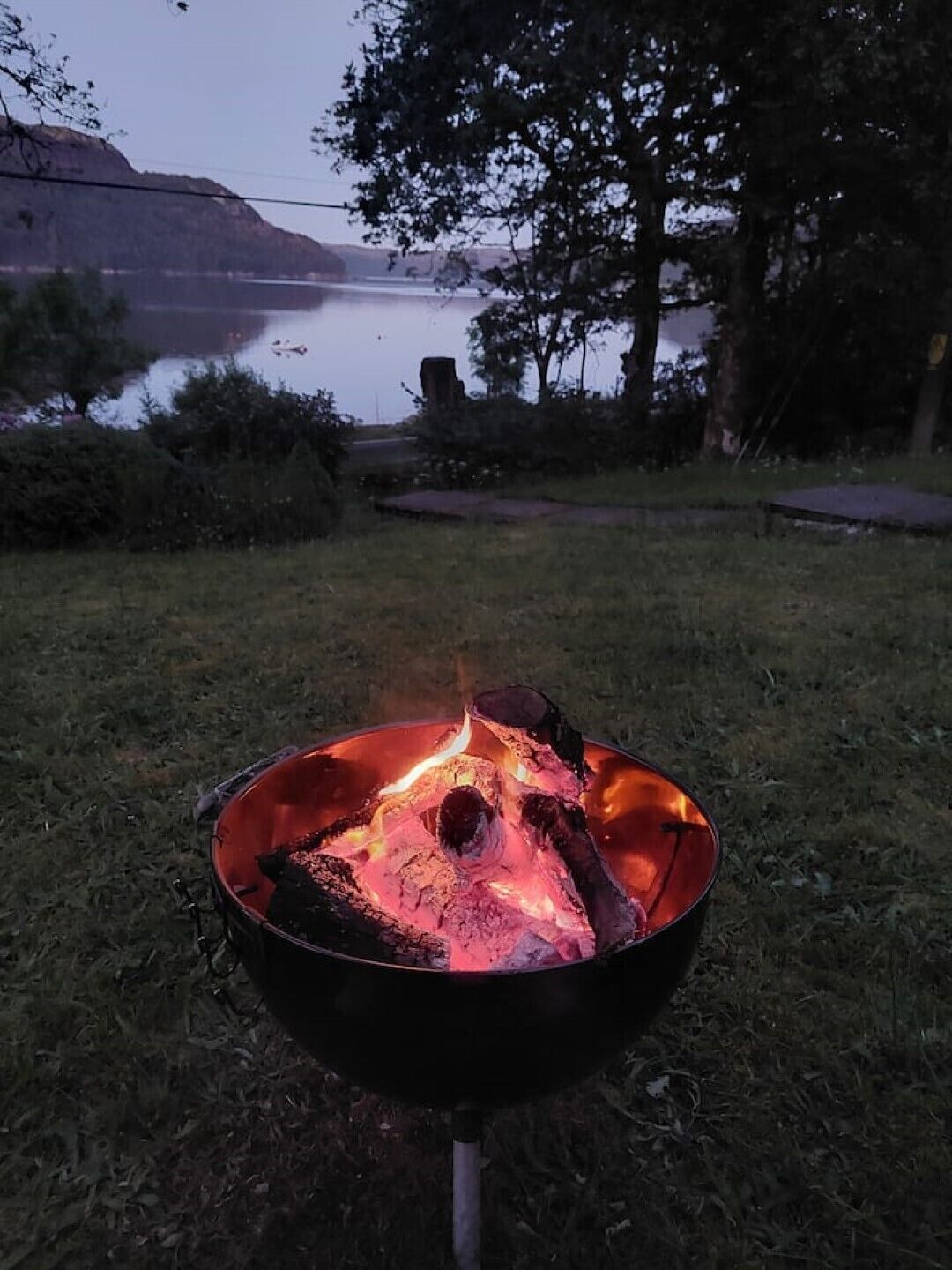 A campfire in a metal bowl on a grassy area with trees and a lake in the background.