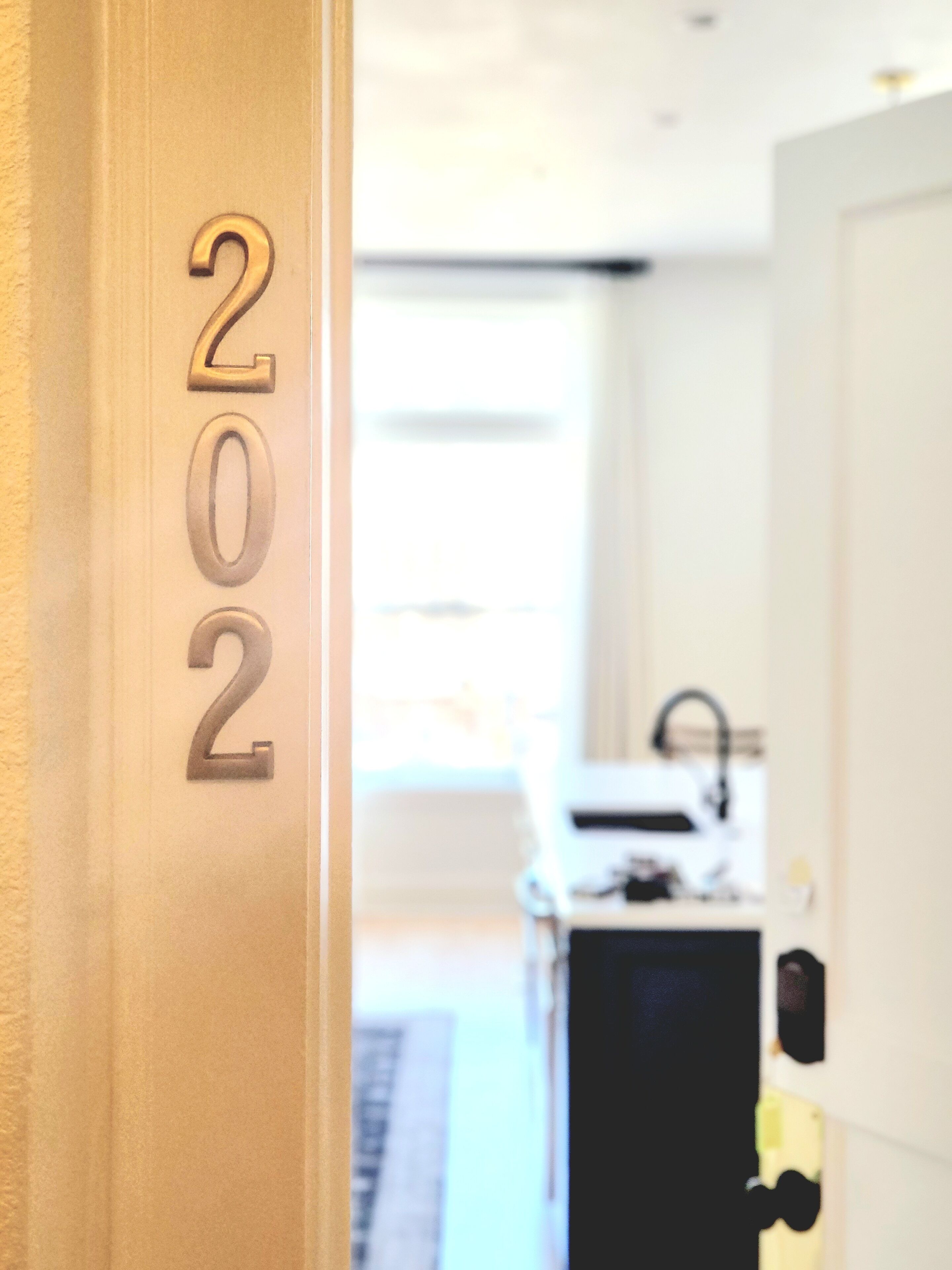 A door with the number 202 visible, leading to a modern kitchen area with a sink and cabinets.