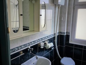 Hair dryer, towels, soap, shampoo