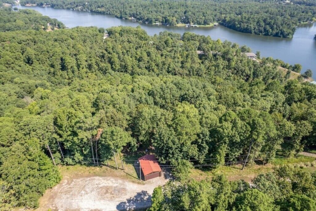 Vista aérea de una zona boscosa con un edificio pequeño cerca de un cuerpo de agua.