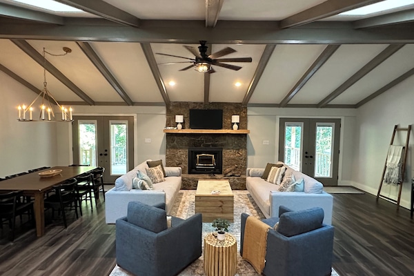 Smart TV, fireplace, foosball