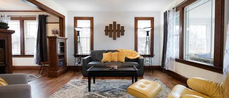 Smart TV, fireplace, video games, DVD player