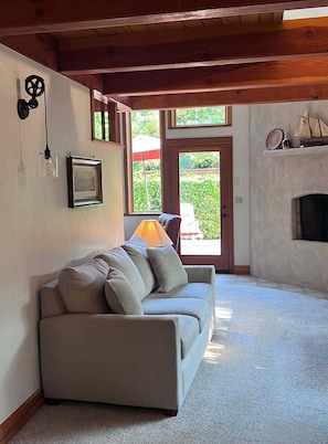 Smart TV, fireplace, DVD player, books
