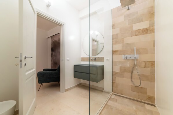 A modern bathroom with a glass shower enclosure, a built-in sink, and a mirror.