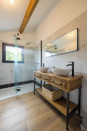 Shower, hair dryer, soap, toilet paper