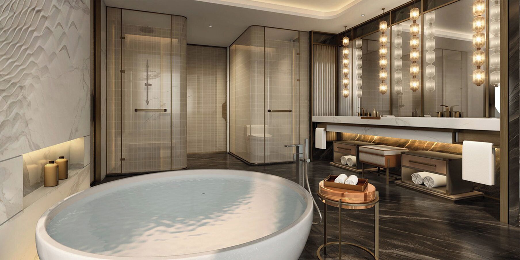 A modern bathroom with a large bathtub, a walk-in shower, and a vanity with a mirror and lights.