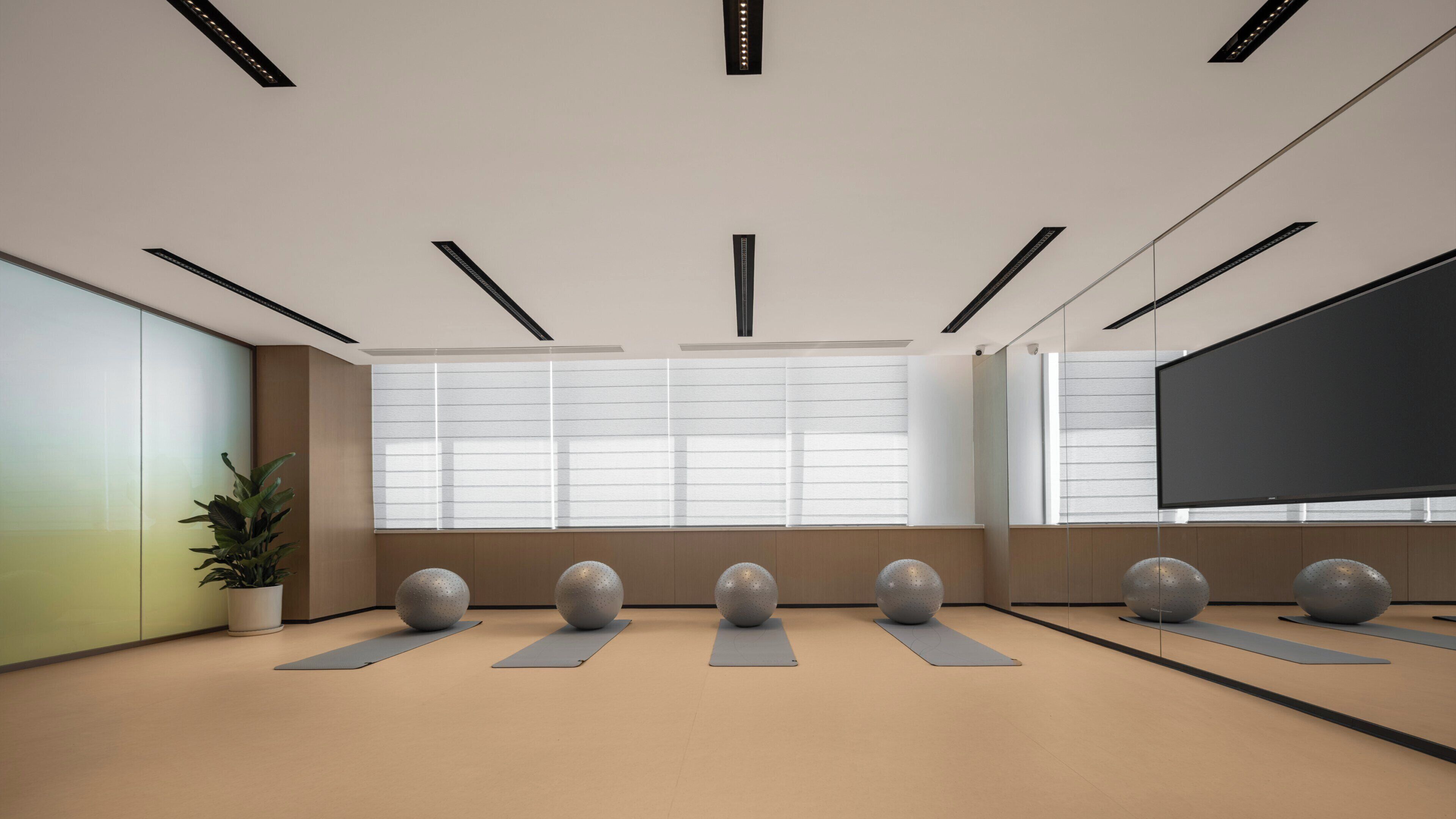 A modern room with large windows, exercise balls, and yoga mats.