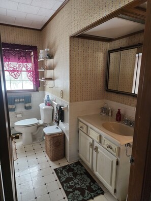 Hair dryer, towels, soap, toilet paper