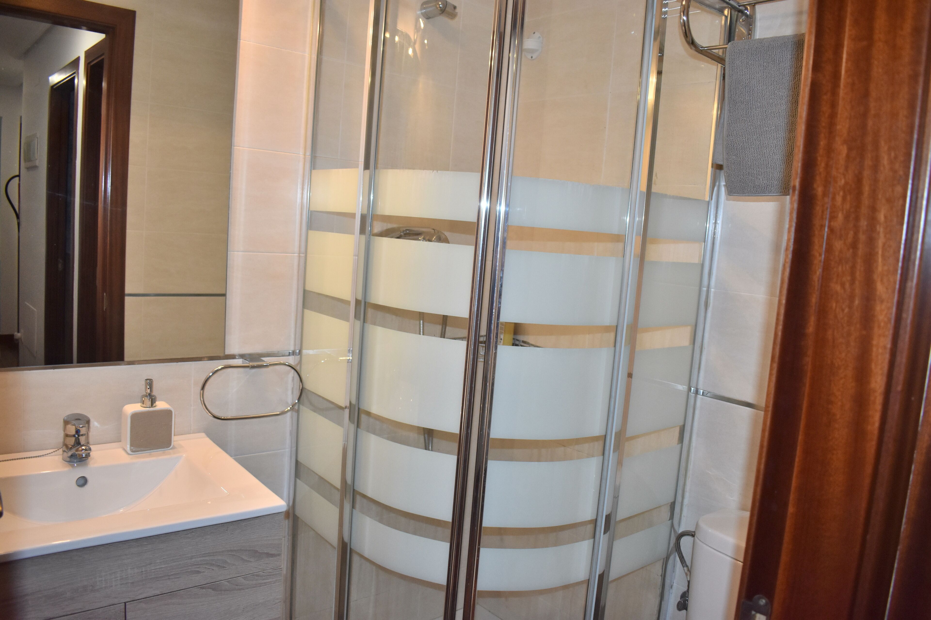 Shower, hair dryer, towels, toilet paper