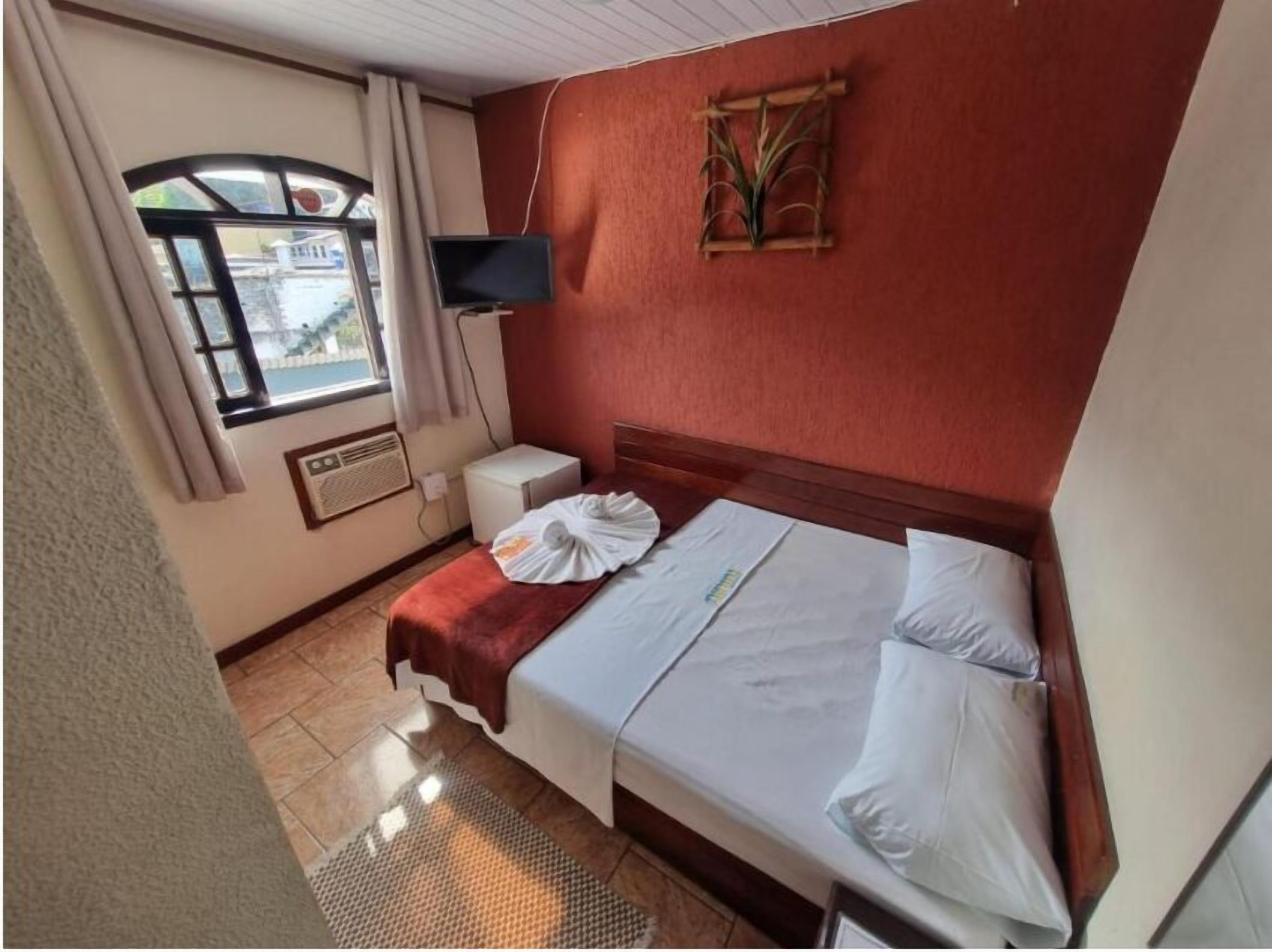 Quarto de hotel com cama, televisão, janela e uma planta na parede.