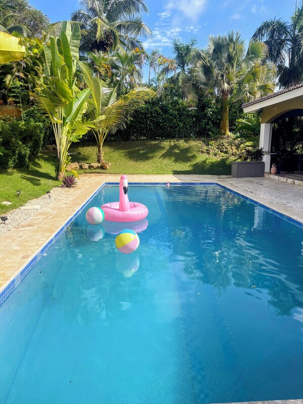 A swimming pool with inflatable toys, surrounded by lush greenery and palm trees.
