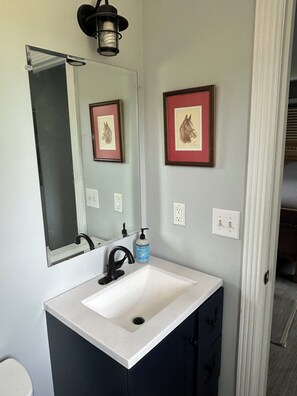 A bathroom with a white sink, black faucet, and a mirror above it. There are two framed horse pictures on the wall.