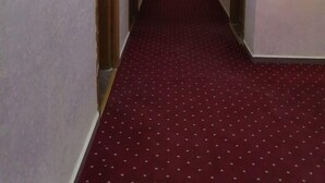 A hallway with a red carpet, white walls, and wooden doors. - Hotel Salsabil Naoui (Djelfa)